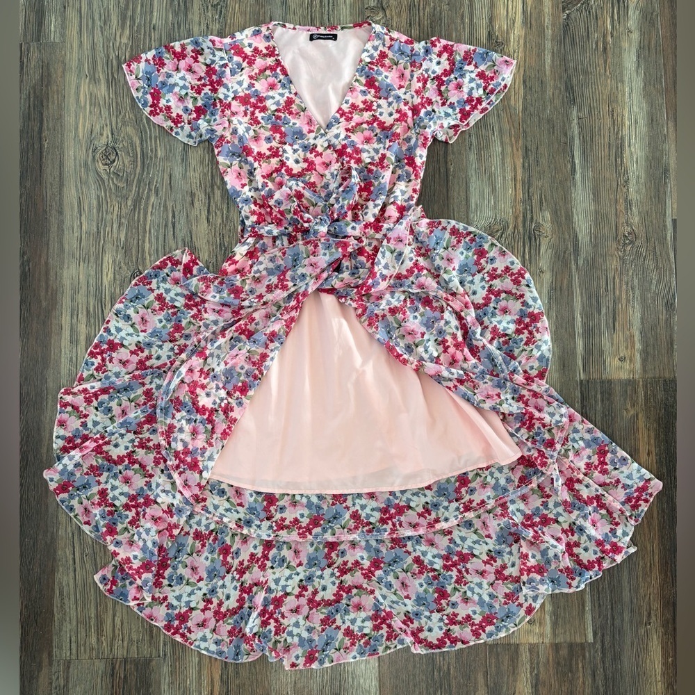 Pretty Garden M Floral Ruffle Hem Wrap Chiffon Belted Dress S/S V-Neck Colorful - Picture 11 of 11